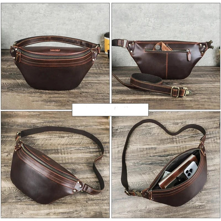 Sac banane élégant en cuir véritable couleur café, avec détails de couture fins