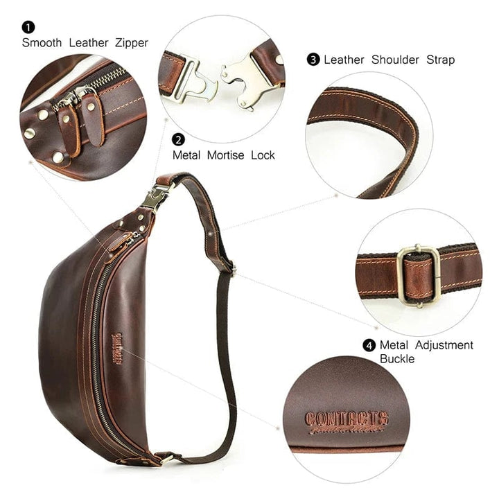 Gros plan d'un sac banane homme en cuir noir, texture du cuir et boucles détaillées