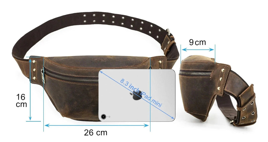 Sac banane en cuir vintage pour homme, style rétro, avec coutures apparentes et boucle en métal