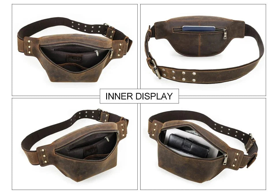 Sac banane homme en cuir vintage, design compact et élégant, parfait pour essentiels quotidiens