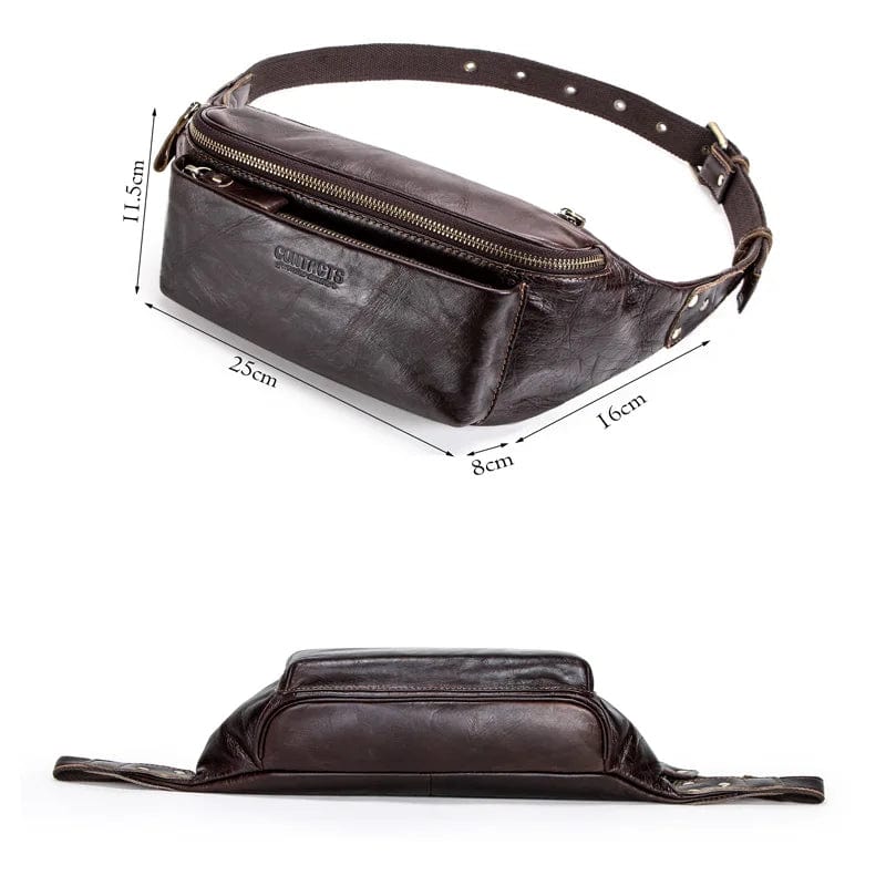 Sac banane en cuir véritable grainé pour homme, couleur café, avec fermeture éclair dorée, accessoire mode.