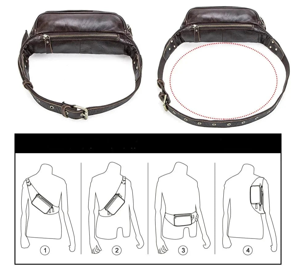 Accessoire de mode masculin : sac banane en cuir véritable marron foncé, polyvalent et pratique pour toute occasion.