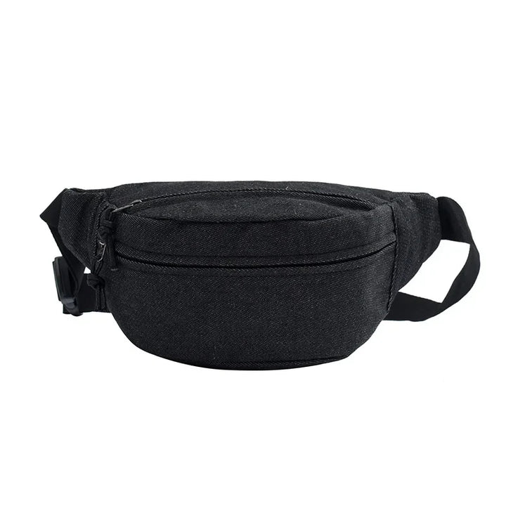 Sac banane en jean confortable et unisexe, style urbain vintage, avec de nombreuses poches.