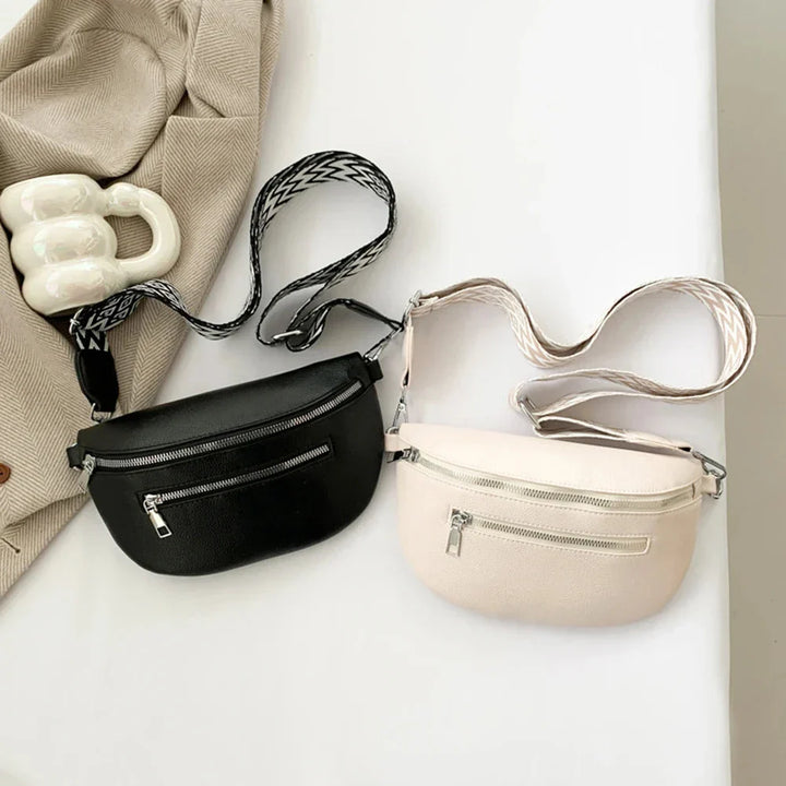 Un trio de sacs banane en cuir PU (gris, noir, beige) pour femme, présentant la gamme de couleurs élégantes.