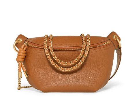 Sac banane fin en cuir véritable taupe, idéal comme sac à main compact pour femme.