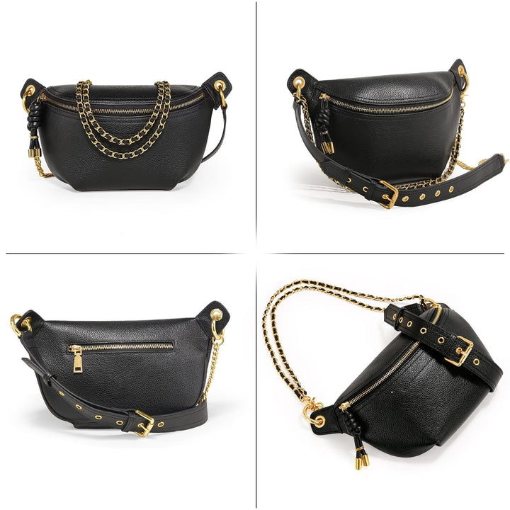 Sac banane en cuir véritable bleu marine, avec compartiment principal et poche avant, pour femme active.