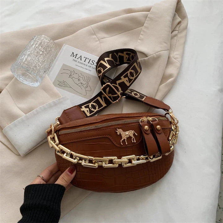 Sac banane avec chaîne dorée, style moderne et élégant pour femme, cadeau idéal.