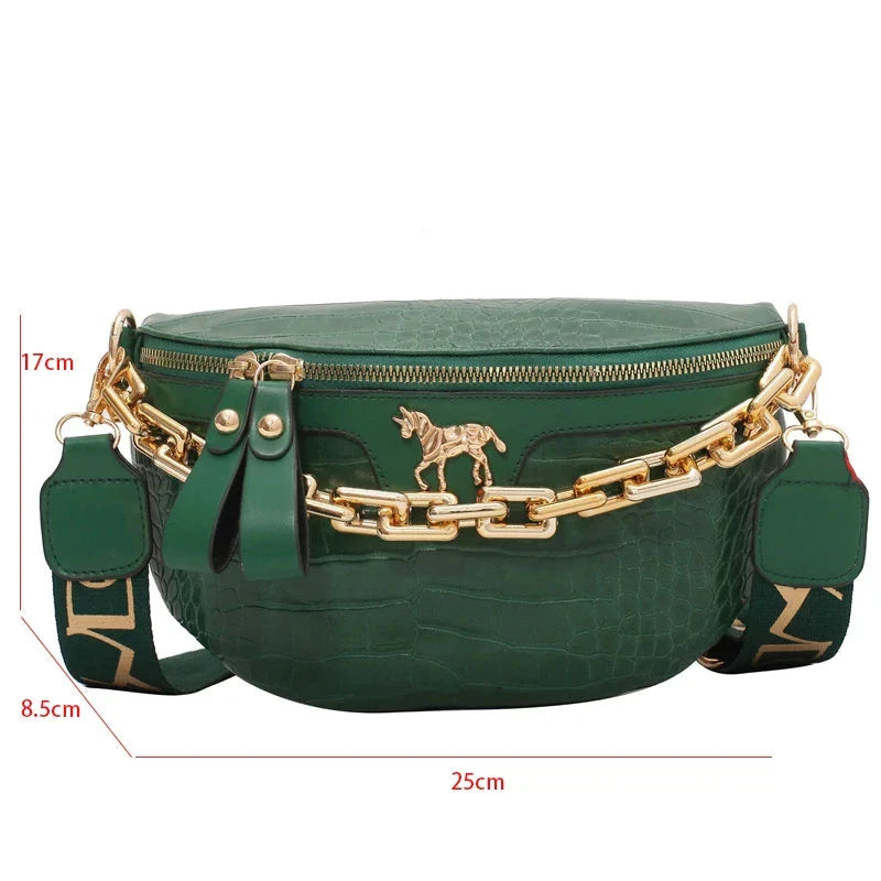 Sac banane femme en cuir PU avec chaîne dorée, conçu pour un usage quotidien et chic.