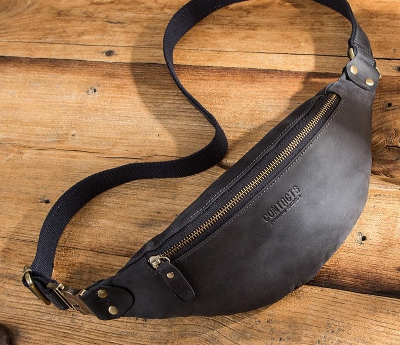 Sac banane Lyam en cuir pleine fleur pour homme, noir, style tendance et portable en bandoulière