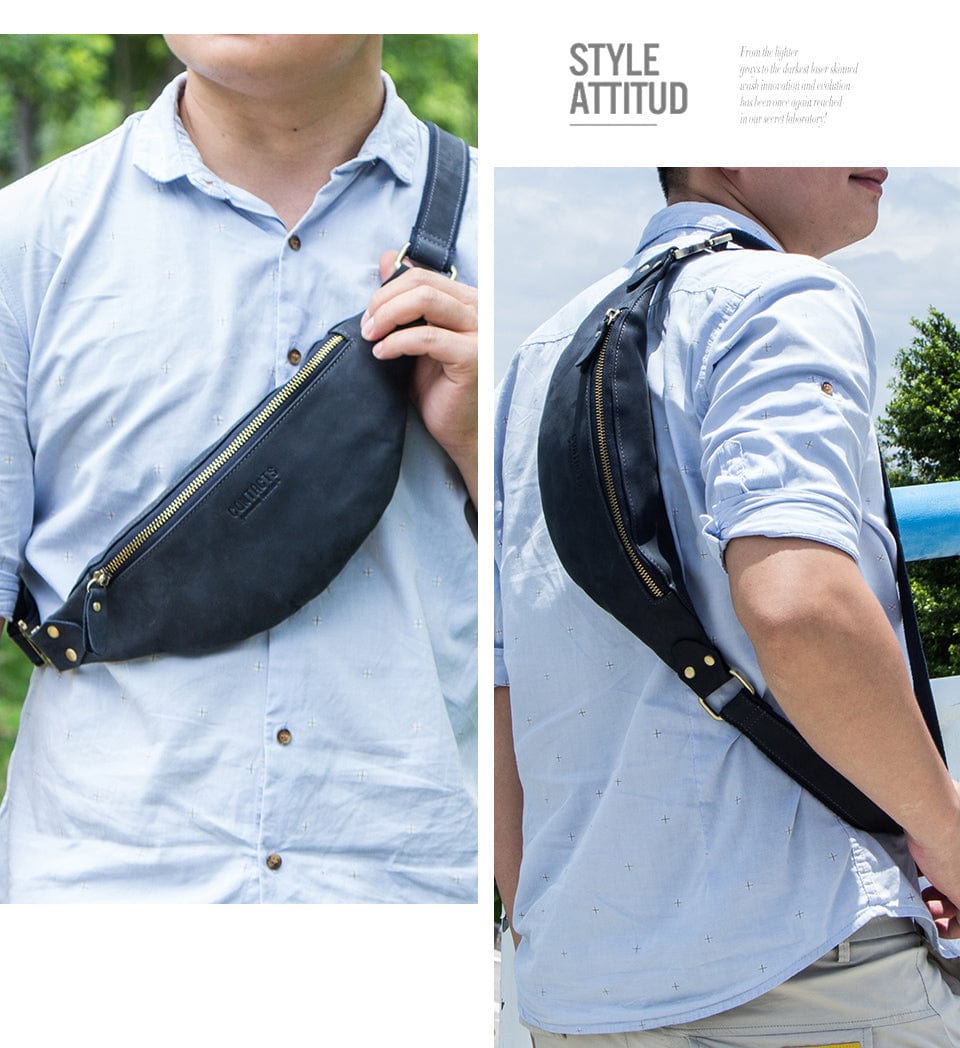 Sac banane Lyam en cuir homme posé à plat, vue complète avant, un classique de la banane tendance