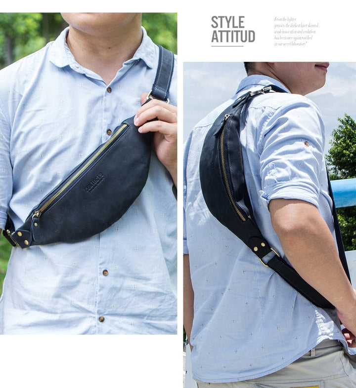 Sac banane Lyam en cuir homme posé à plat, vue complète avant, un classique de la banane tendance