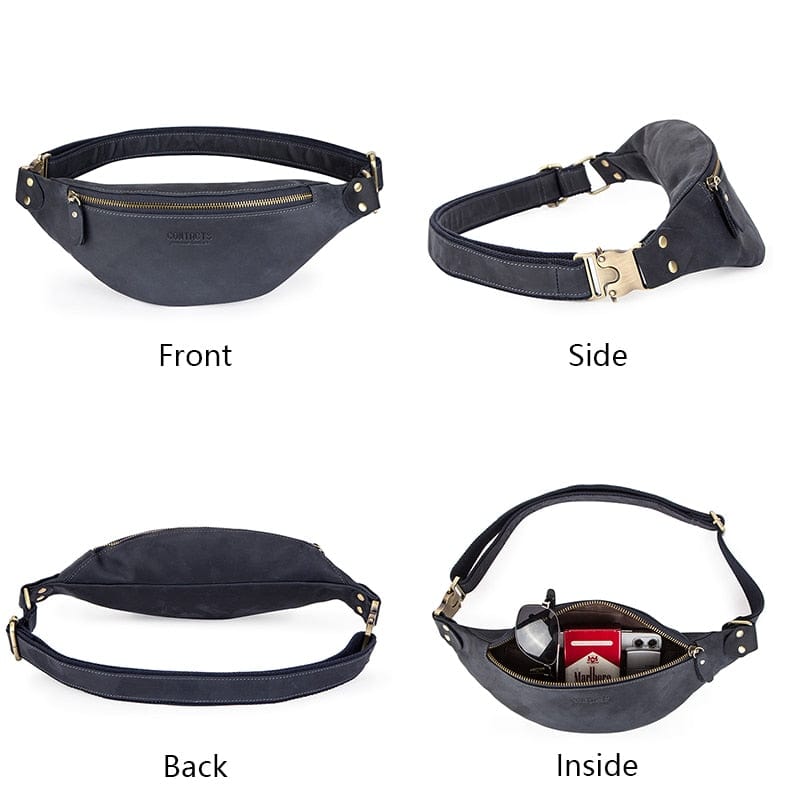 Détail du fermoir et du cuir grainé sur un sac banane Lyam homme, qualité supérieure