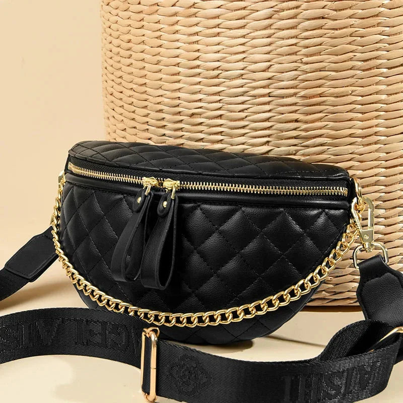 Sac banane noir matelassé en cuir PU, élégant et idéal pour porter à la taille ou en bandoulière.