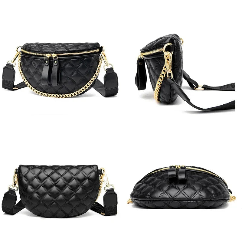 Femme portant un sac banane matelassé noir en cuir PU, montrant l'accessoire de mode.