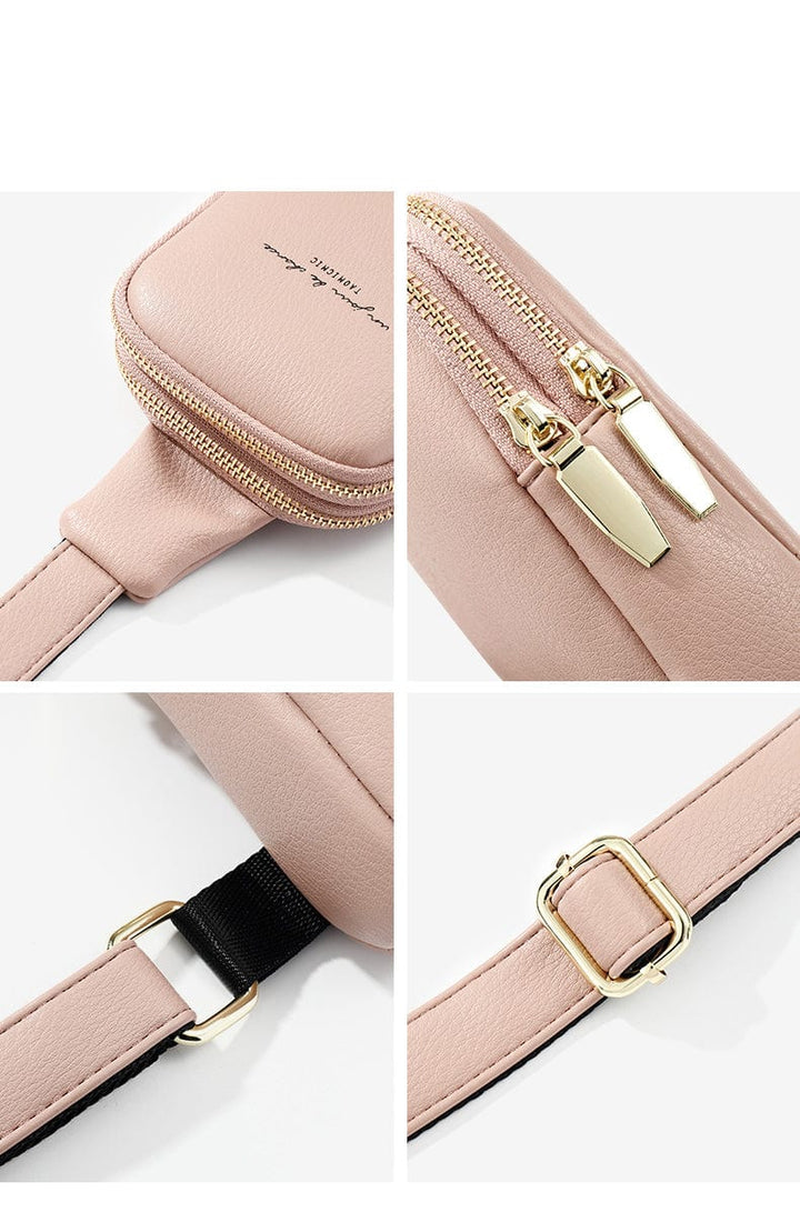Gros plan sur la fermeture éclair dorée d'un sac banane en cuir PU, sac à main femme