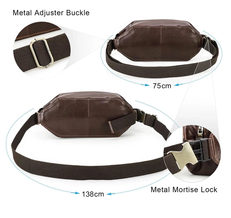 Modèle masculin portant un sac banane en cuir véritable, illustrant le style et la fonctionnalité.