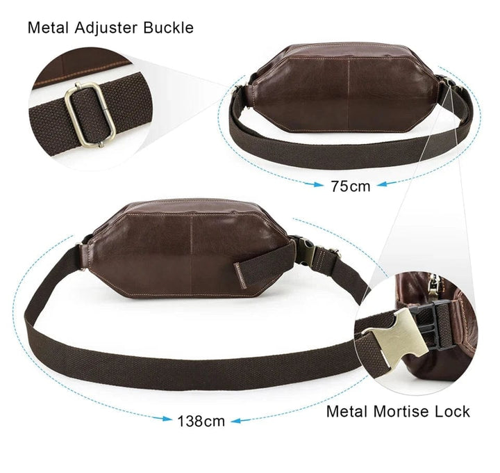 Modèle masculin portant un sac banane en cuir véritable, illustrant le style et la fonctionnalité.