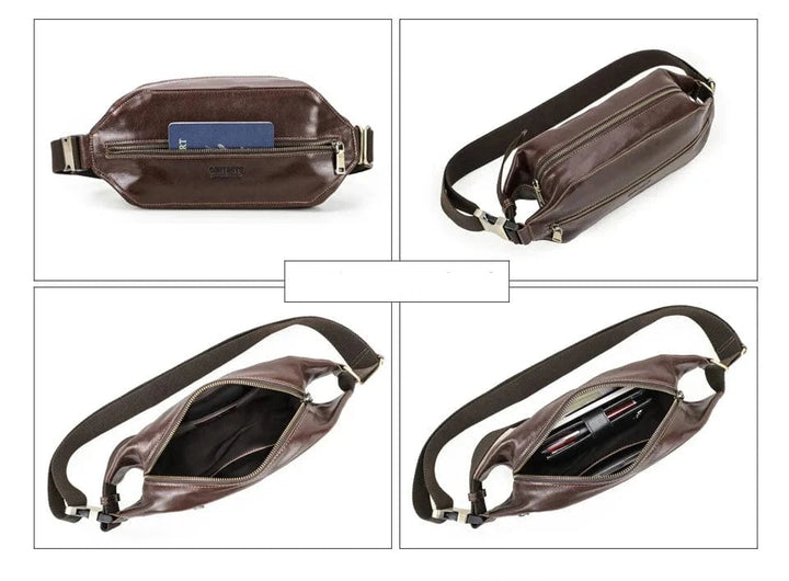 Sacoche de taille vintage avec plusieurs compartiments zippés, en cuir durable pour hommes.