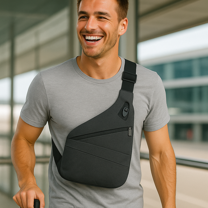 Sac antivol avec espace pour téléphone, portefeuille et clés, organisation intelligente et sécurisée.