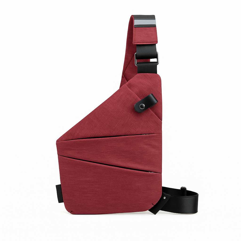 Femme avec sac bandoulière de sécurité pour voyage, design discret et coupe ergonomique.