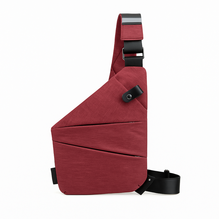 Femme avec sac bandoulière de sécurité pour voyage, design discret et coupe ergonomique.