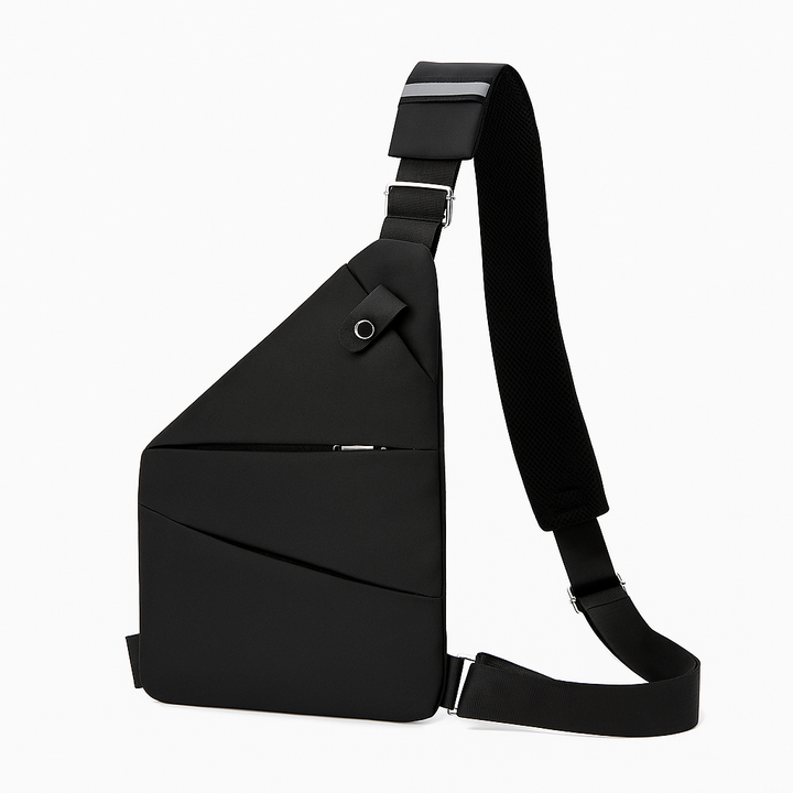 Détail de la poche de protection RFID intégrée au sac urbain, protégeant cartes et passeports.