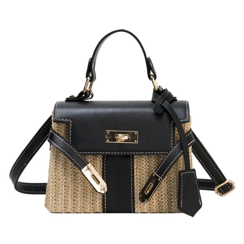 Petit sac bandoulière élégant en raphia tressé, avec rabat et bandoulière en cuir