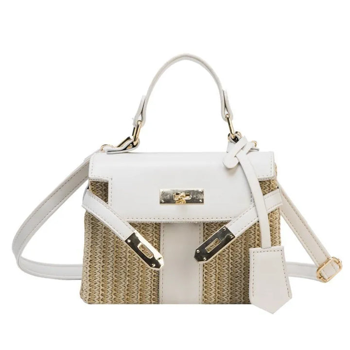 Sac bandoulière femme en raphia beige, finition en cuir, style bohème moderne et chic