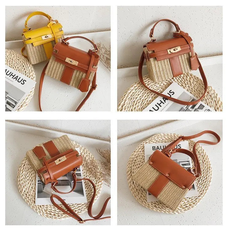 Sac bandoulière raphia et cuir, design carré intemporel, pour une touche bohème élégante