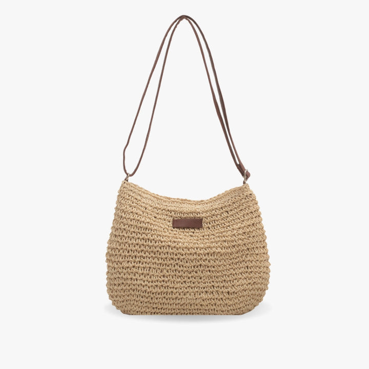 Sac bandoulière chic femme en paille et cuir végan, parfait pour l'été.