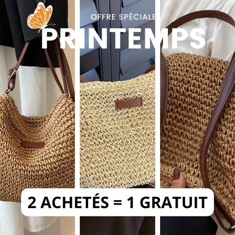 Élégant sac en paille tressée et cuir végan, accessoire mode femme tendance.