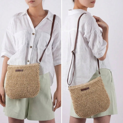 Sac d'été femme en paille naturelle, bandoulière ajustable en cuir végan chic.