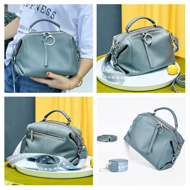 Vue frontale d'un sac bandoulière en cuir femme, design moderne, polyvalent et chic.