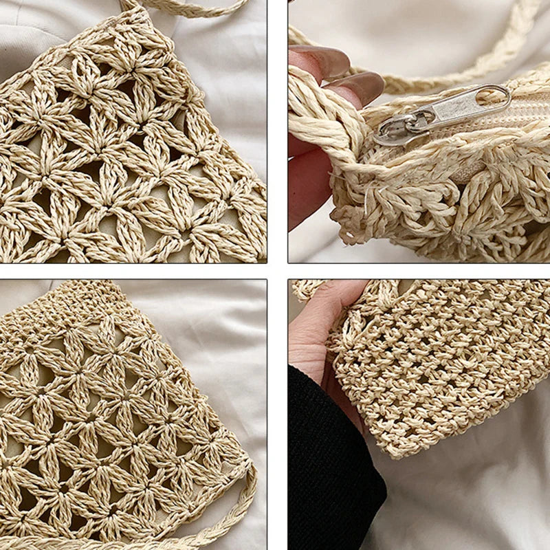 Sac en paille pour femme, sac bandoulière marron, style bohème, idéal pour les sorties et l'été.