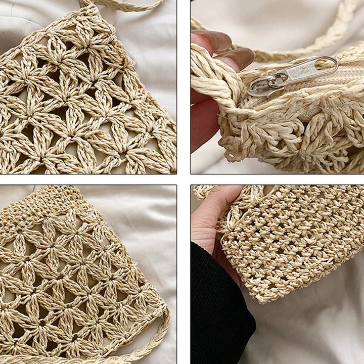 Sac en paille pour femme, sac bandoulière marron, style bohème, idéal pour les sorties et l'été.