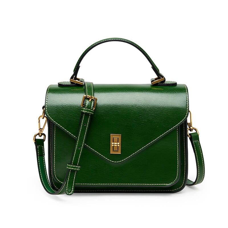 Sac élégant en cuir vert foncé, sac à main femme avec bandoulière et détails dorés