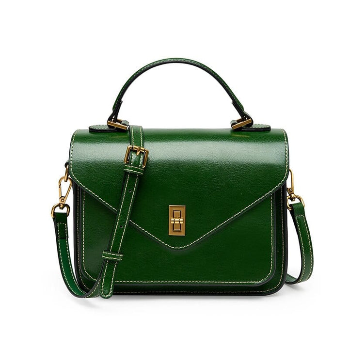 Sac élégant en cuir vert foncé, sac à main femme avec bandoulière et détails dorés