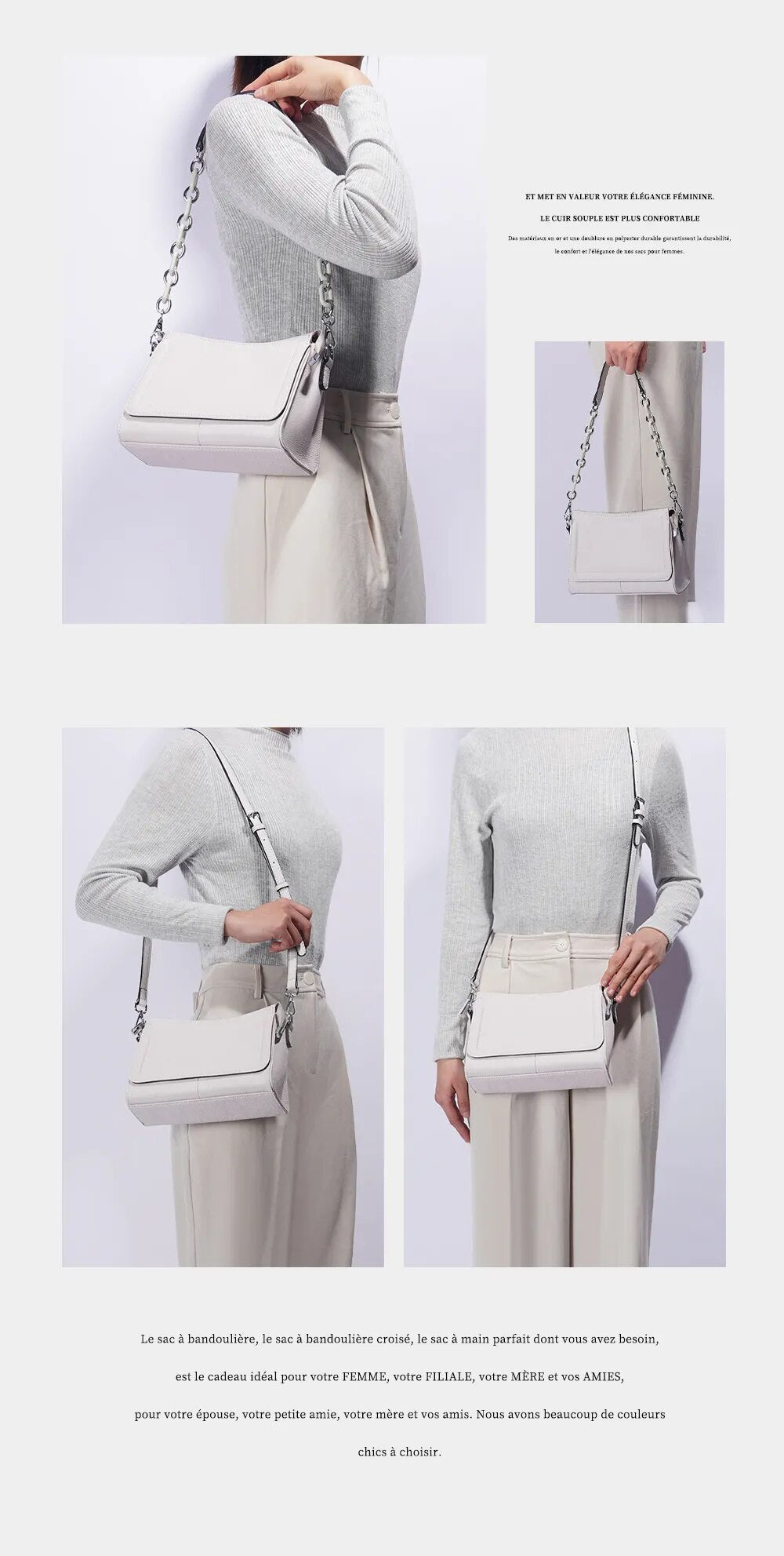 Sac chic femme en cuir végétalien, format compact, idéal pour essentials, élégant et pratique.