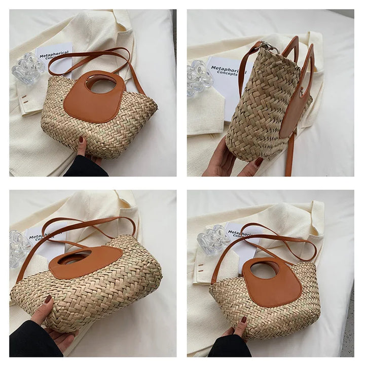 Sac bandoulière femme tendance, association de paille naturelle et de similicuir cognac, look d'été.
