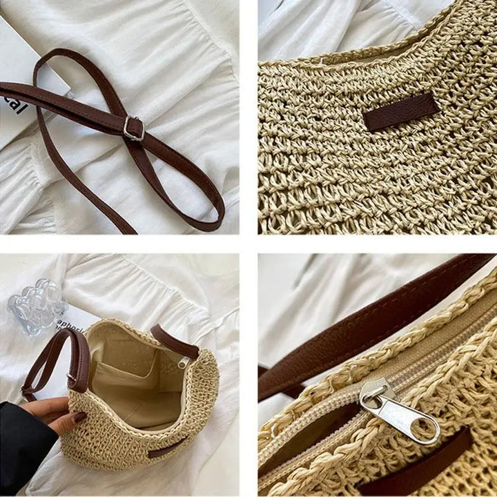Sac d'été en paille pour femme avec bandoulière réglable. Parfait pour les journées ensoleillées et les sorties bohèmes.