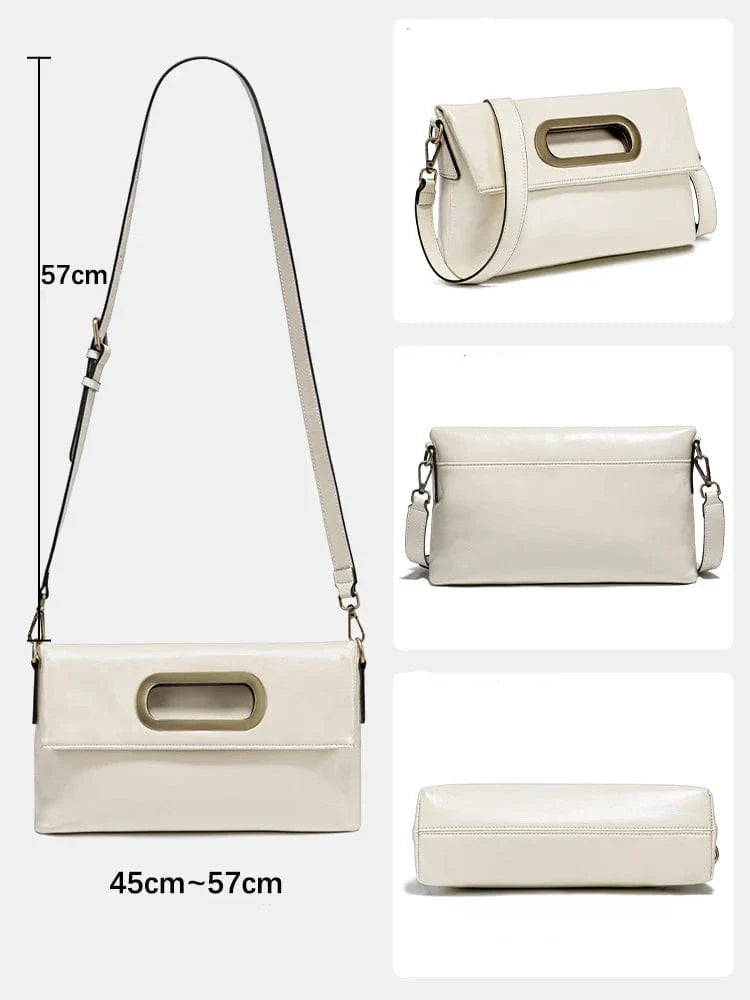 Silhouette d'une femme portant le sac bandoulière Gabrielle en cuir, illustrant son confort et style.