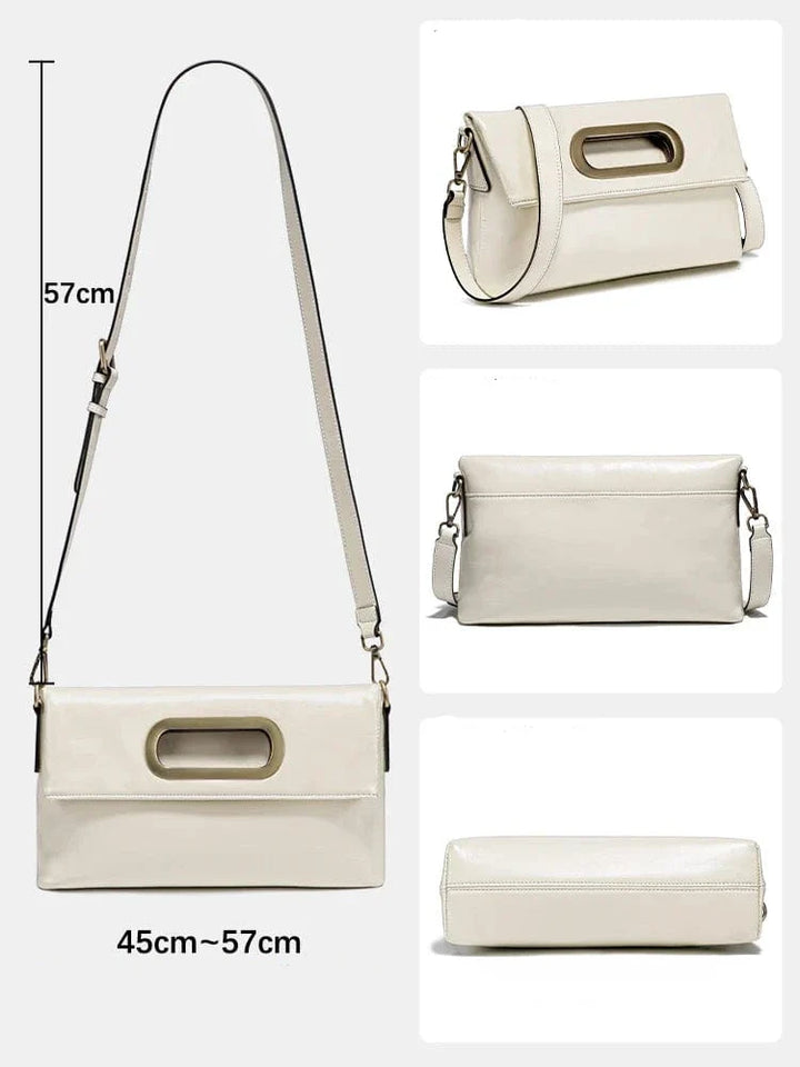 Silhouette d'une femme portant le sac bandoulière Gabrielle en cuir, illustrant son confort et style.