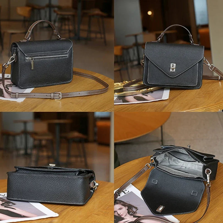 Détail du sac bandoulière Lésia en cuir avec sa bandoulière amovible réglable. Sac femme tendance.
