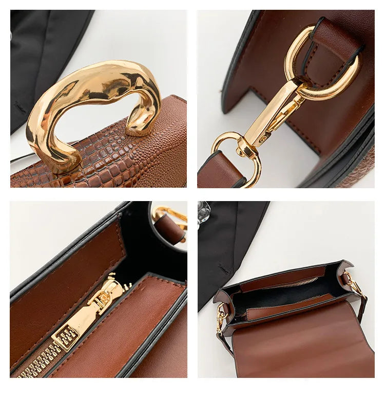 Sac bandoulière femme effet croco posé sur une surface, montrant sa texture riche