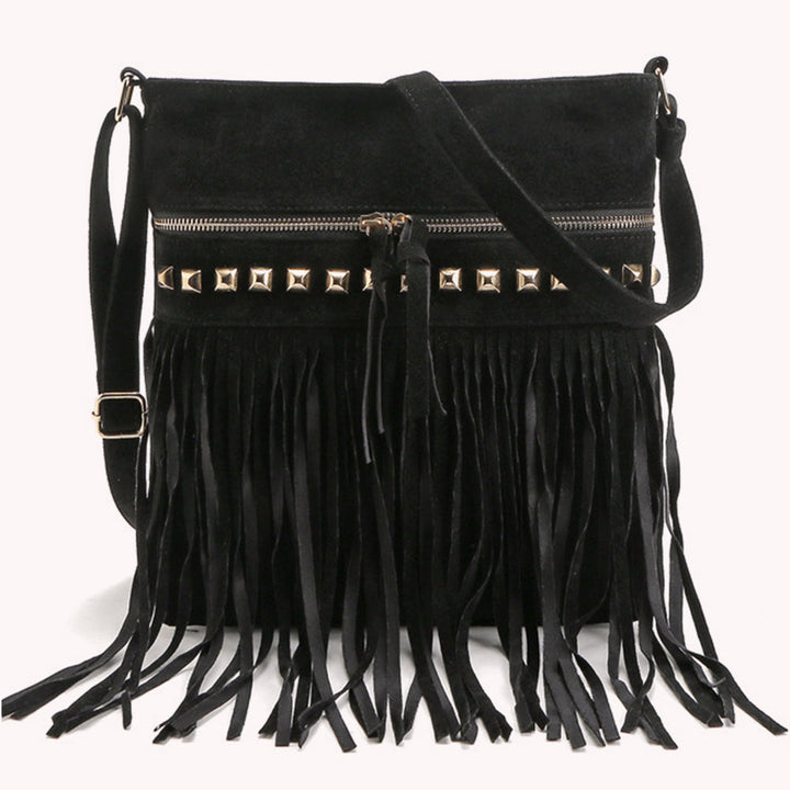 Sac bandoulière femme noir à franges style bohème, parfait accessoire rétro printemps