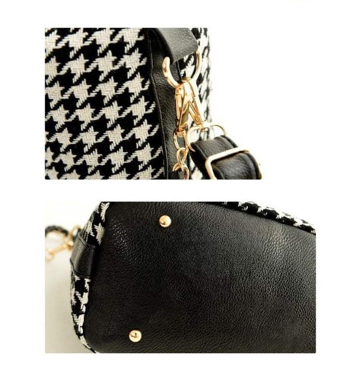 Sac femme noir type bandoulière, imprimé pied de poule, un accessoire chic et très mode.