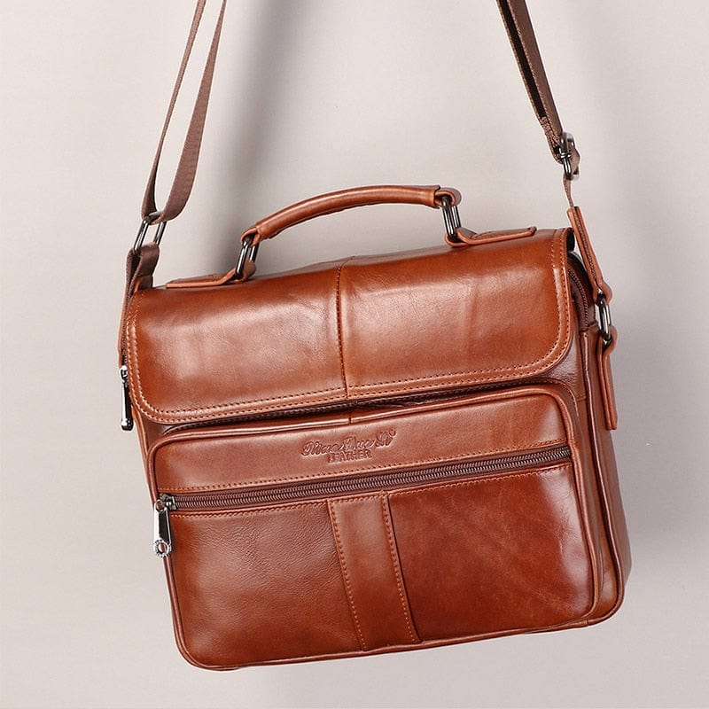 Sac bandoulière homme en cuir véritable marron, style moderne, pour un look élégant et pratique
