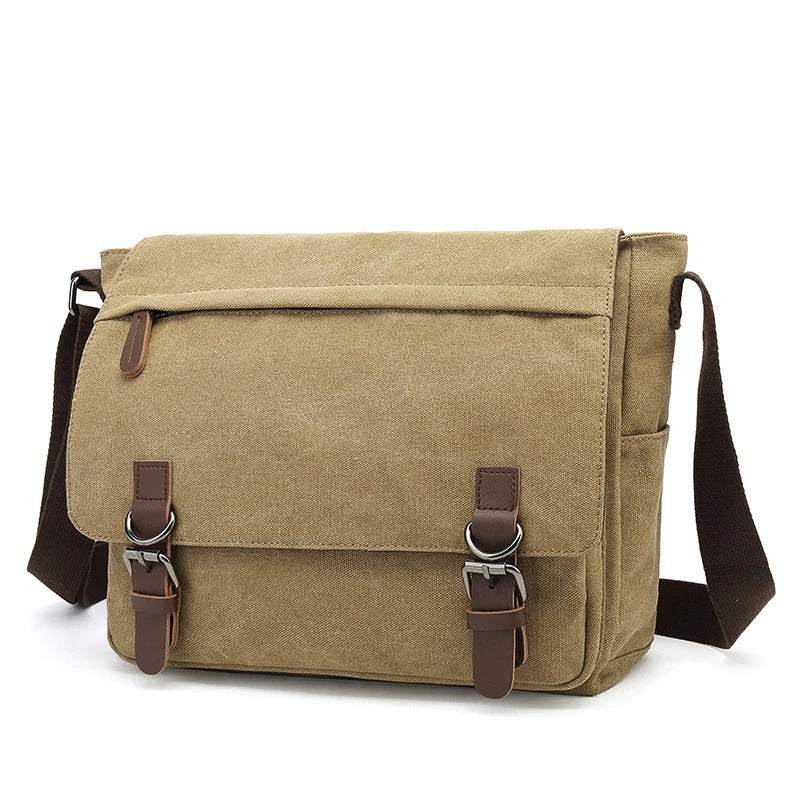 Sac bandoulière homme toile vue frontale, montrant les poches pratiques et la conception robuste.