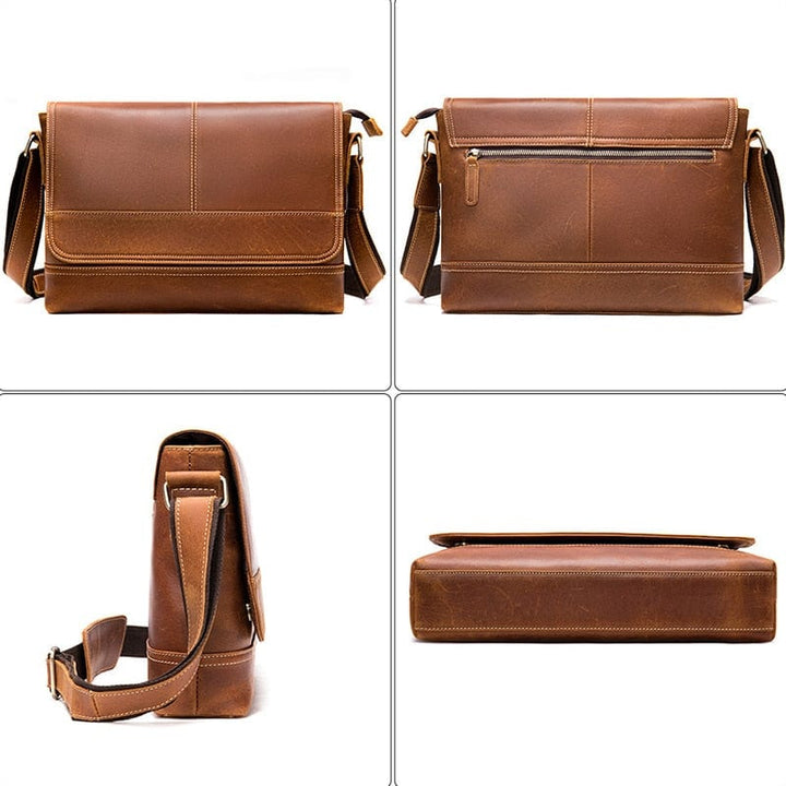 Sac besace homme en cuir, ouvert, laissant entrevoir les compartiments intérieurs fonctionnels