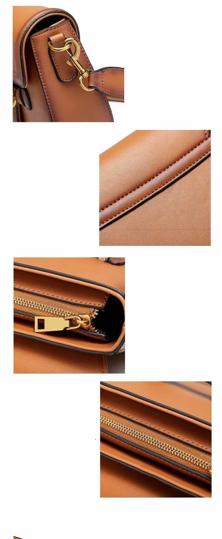 Vue d'ensemble d'un sac bandoulière élégant pour femmes, en cuir synthétique. Disponible en noir, rouge, caramel.